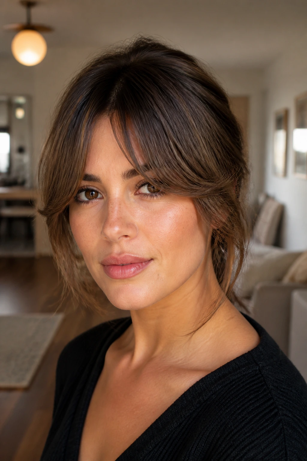 Close-up portrait of a woman with sweeping Bardot bangs
