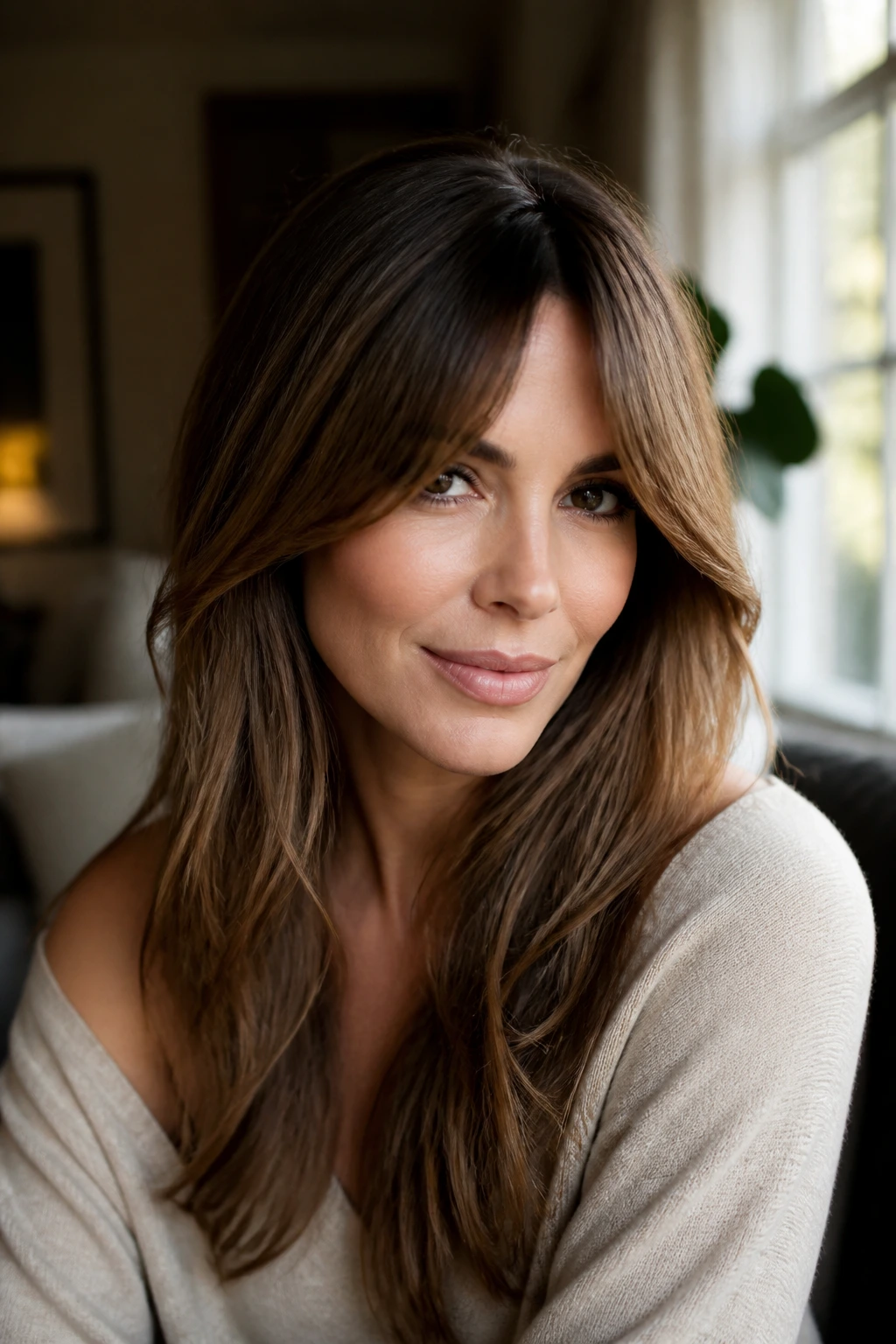 Close-up portrait of a real woman with Bardot fringe and root lift in a warm living room