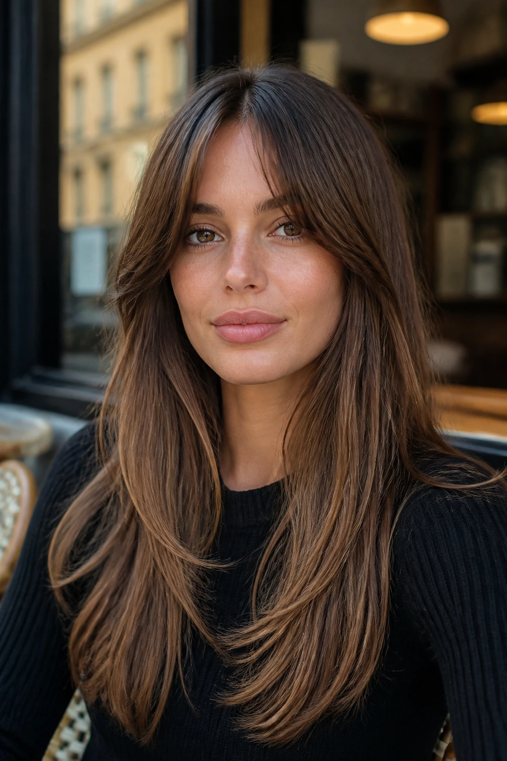 Real woman wearing Bardot bangs with a wide center opening