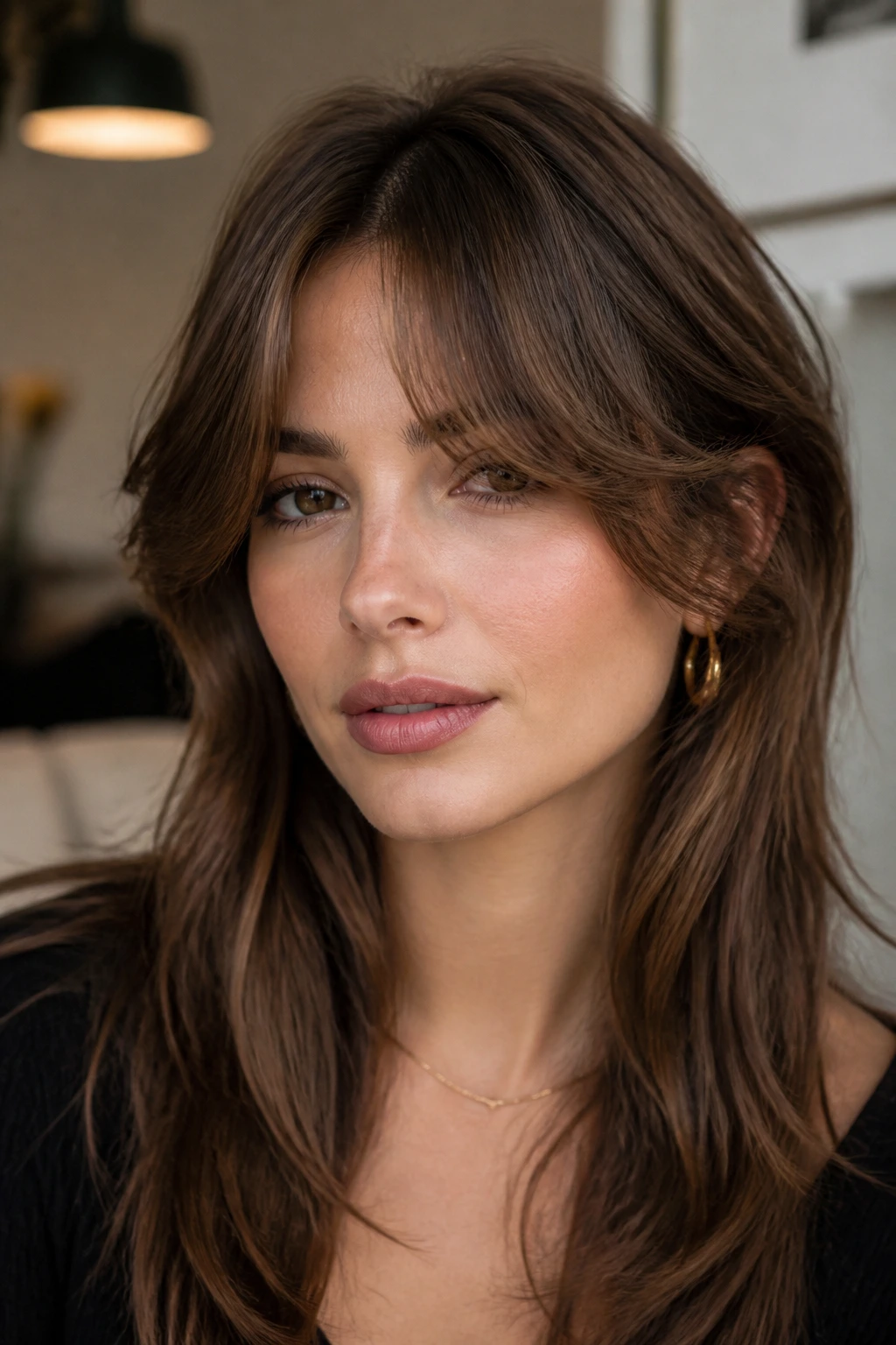 Close-up of a real woman with Bardot curtain bangs middle part