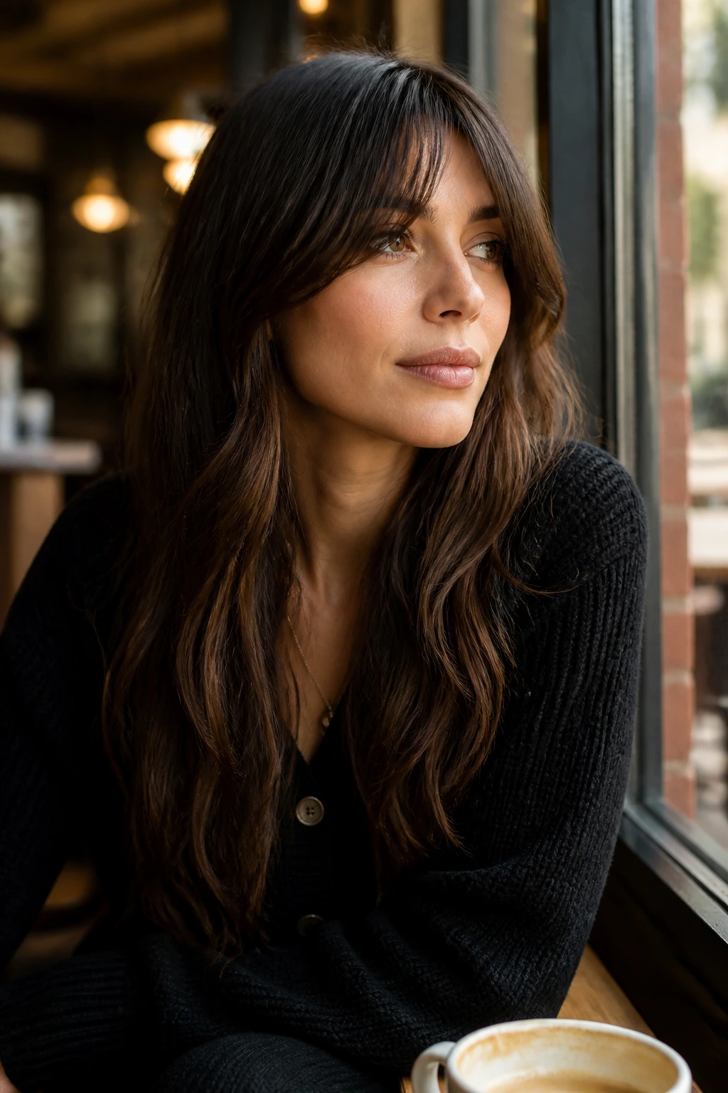Portrait of a real person with a wide Bardot fringe on long hair in a sunny cafe setting
