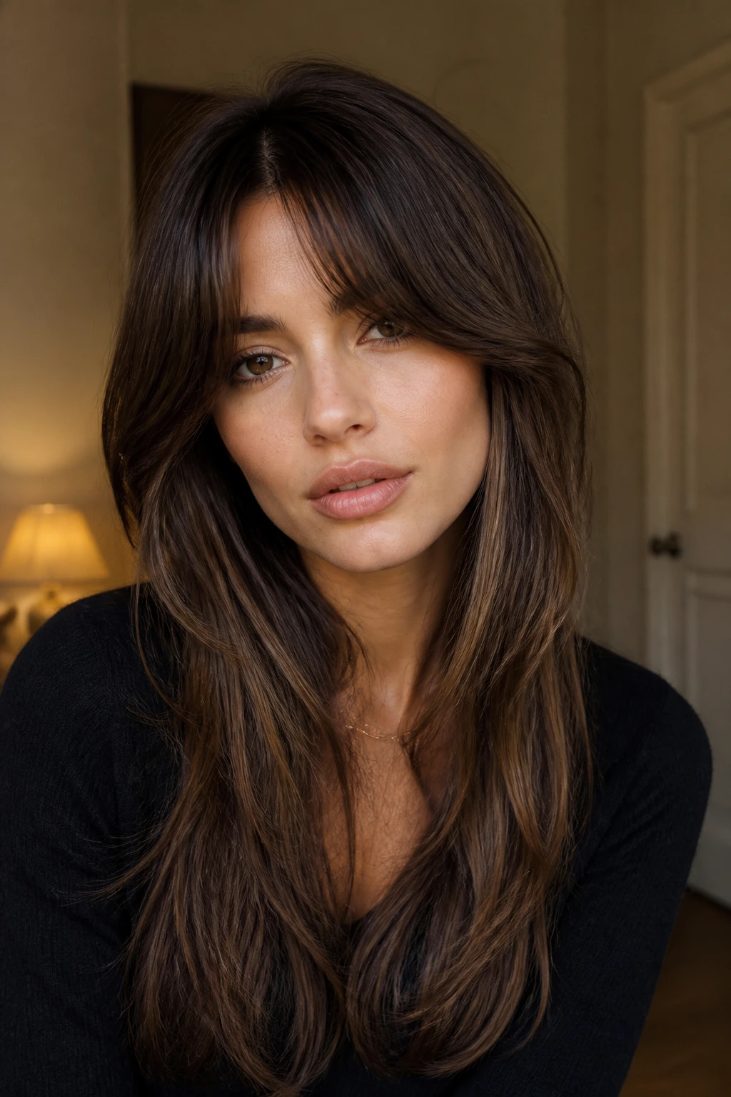 Close-up of a real woman with Bardot fringe and long sides
