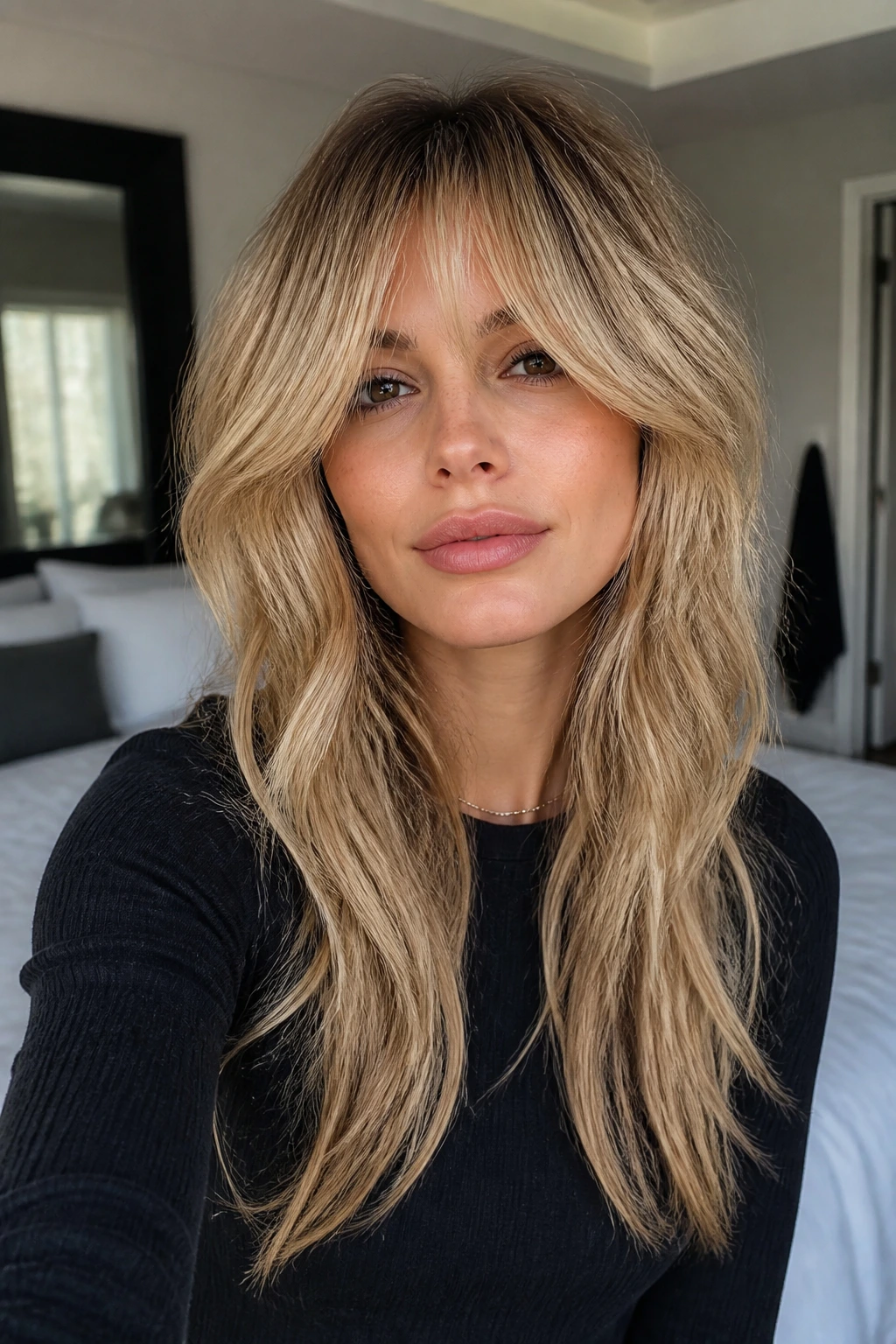 Close-up portrait of a real woman with Bardot shag bottleneck fringe framing her eyes