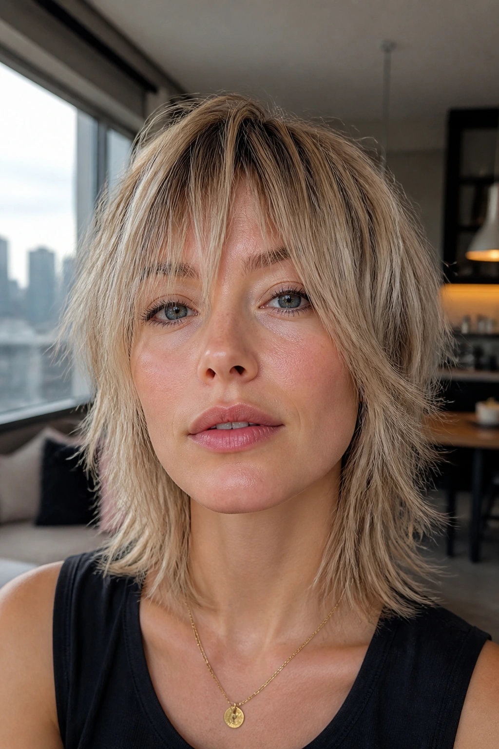 Close-up of a real woman with a bare bones shag in natural light