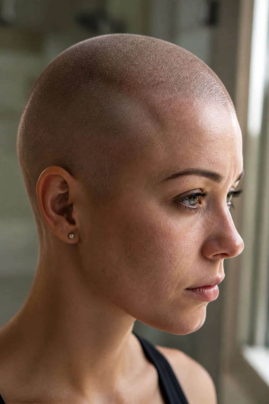 Ultra-short buzz cut on a real person with scalp texture visible