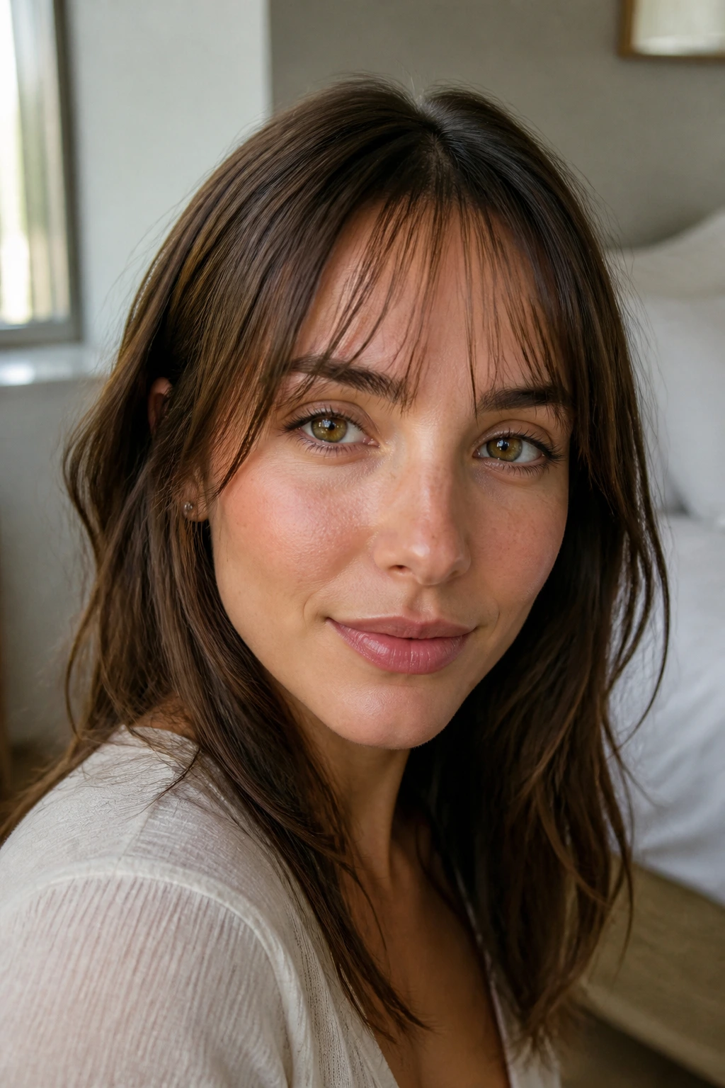 Close-up portrait of a real person with barely-there fringe and open forehead in warm light.