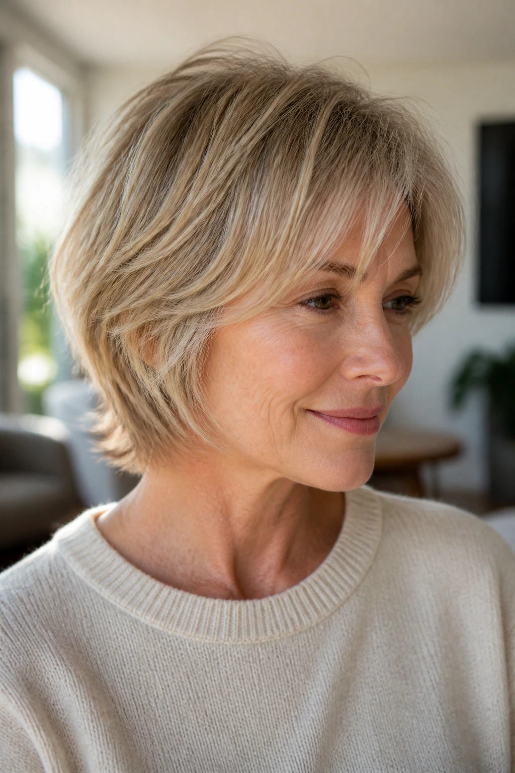 Close-up of a real person with barely-there layer shag and subtle texture at crown and front.