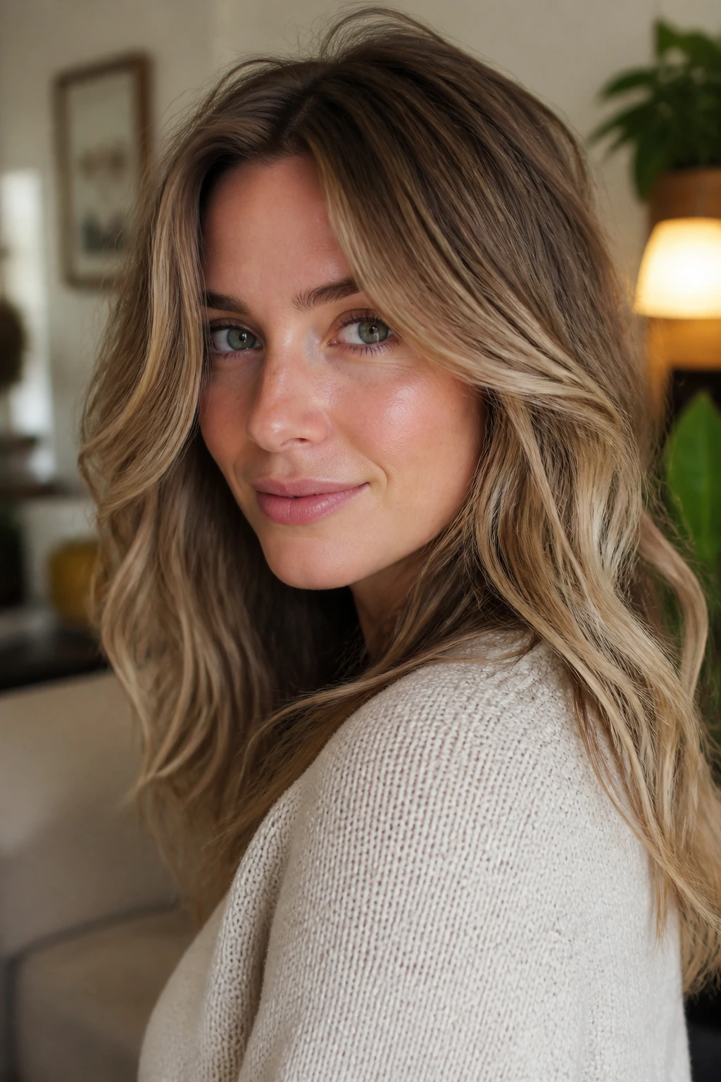 Close-up portrait of a real person with barely-there layers on wavy hair under warm home lighting