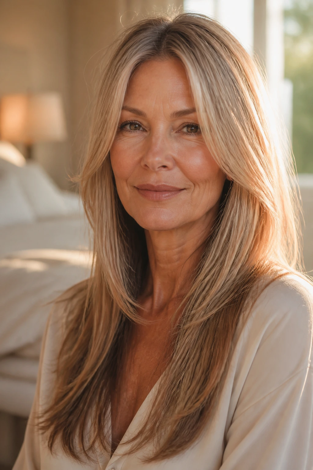 Portrait of a real woman with barely-there layers in long hair