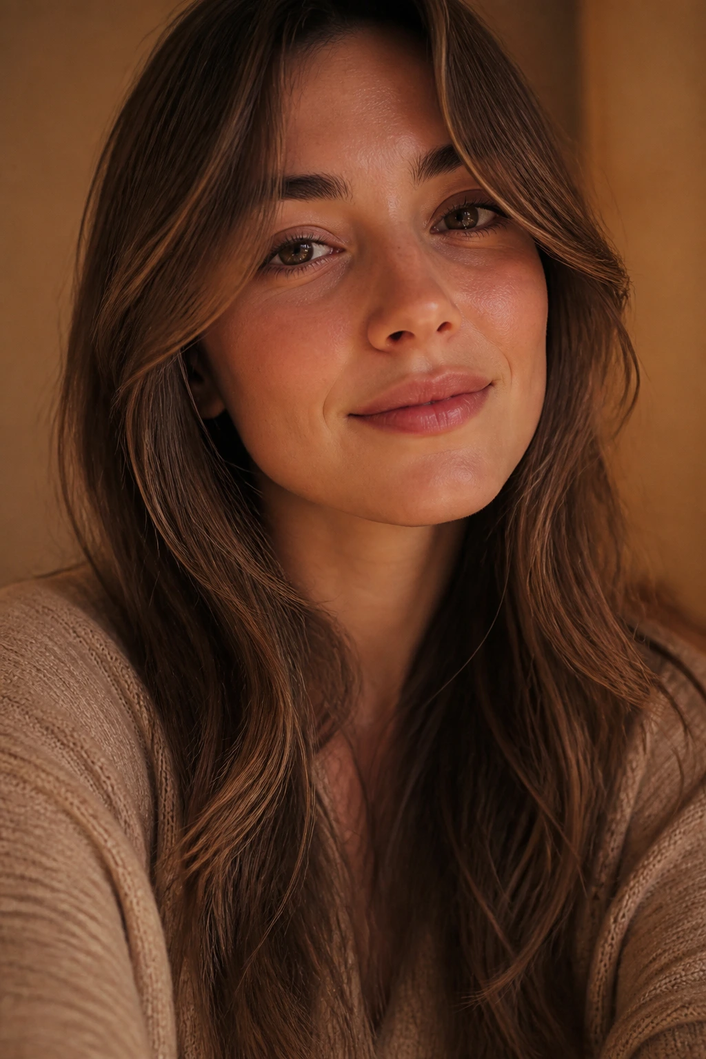 Close-up of a real woman with a barely-there face sweep framing her face.