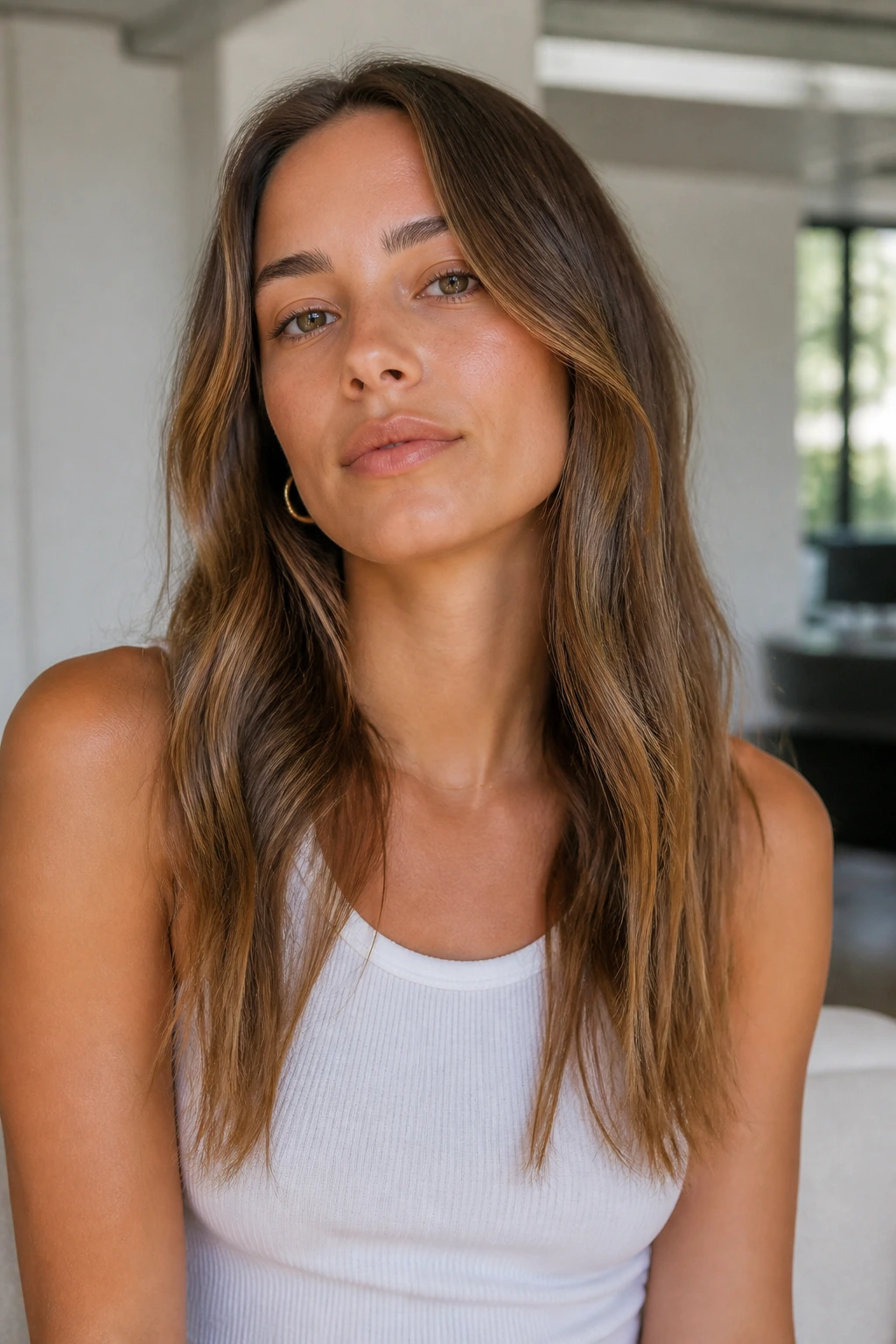 Close-up portrait of a real woman with barely-there bend waves and straight ends