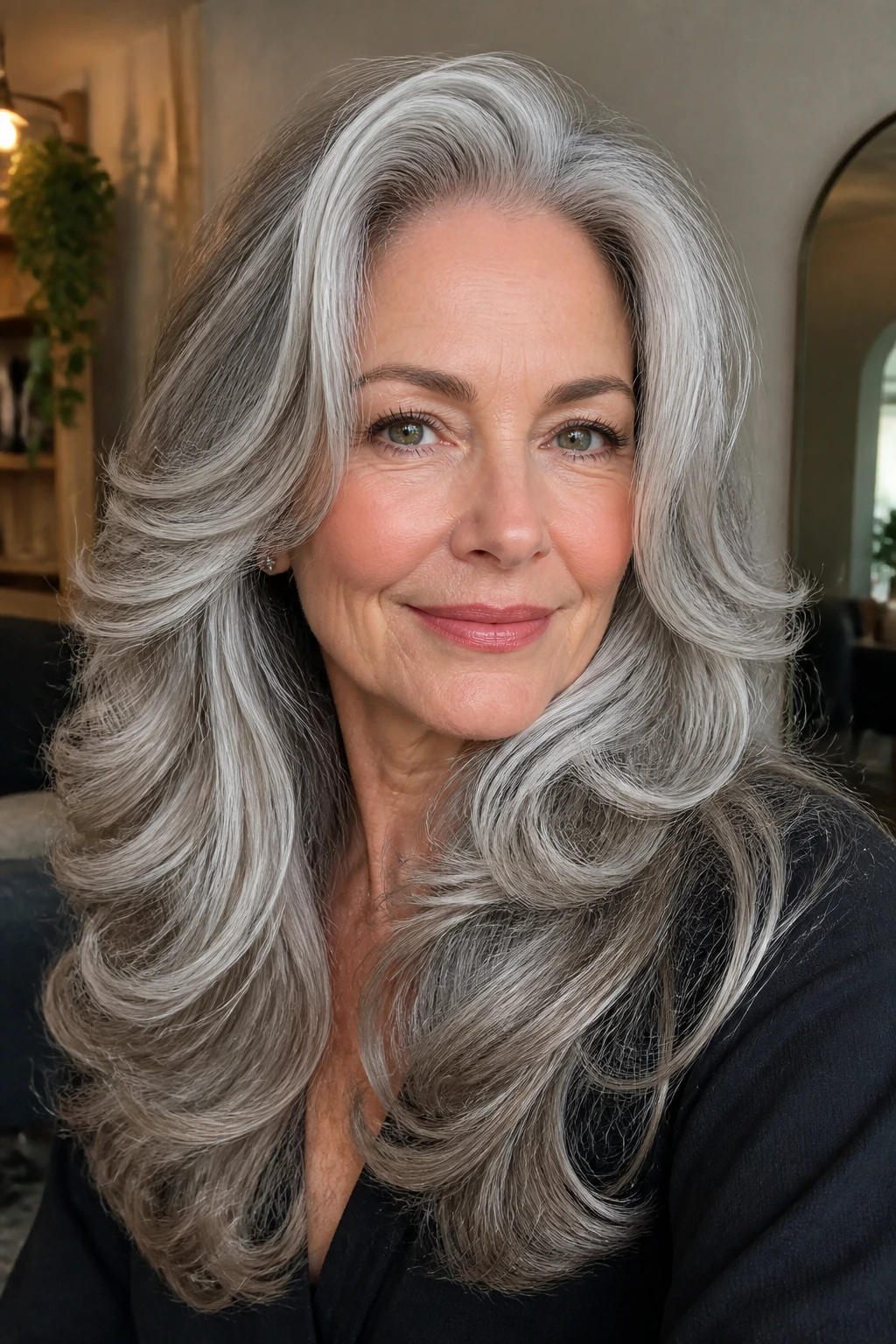 Close-up of a real woman with a big barrel blowout on silver layered hair