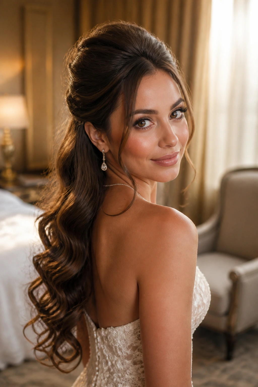 Close-up of a real bride with barrel curls and lifted crown hairstyle