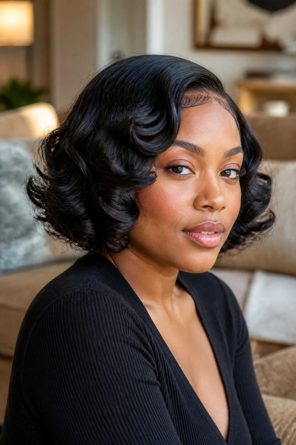 Close-up portrait of a real woman with a bouncy barrel-curled bob