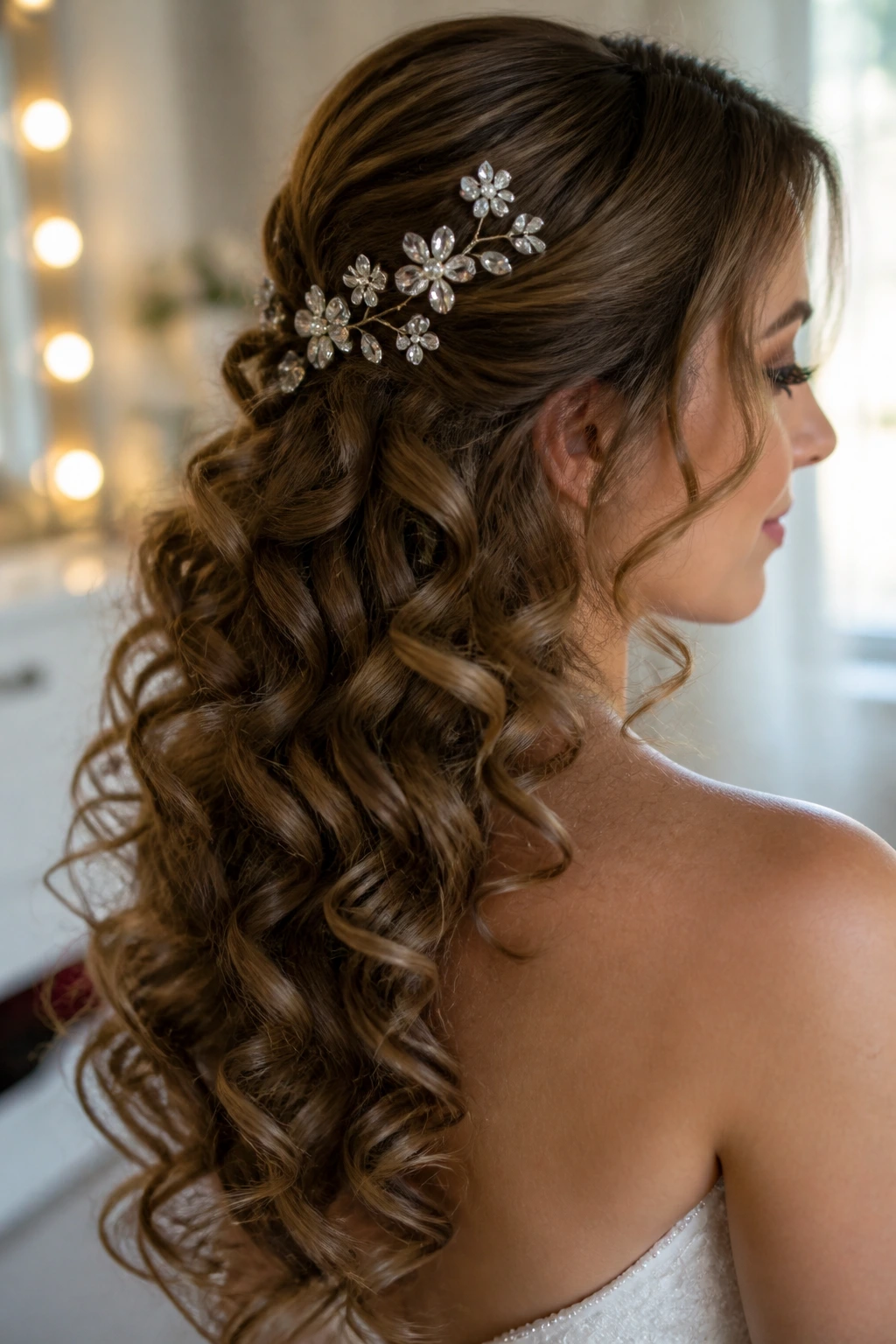 Bride's head with loose barrel curls and crystal pins, close-up portrait