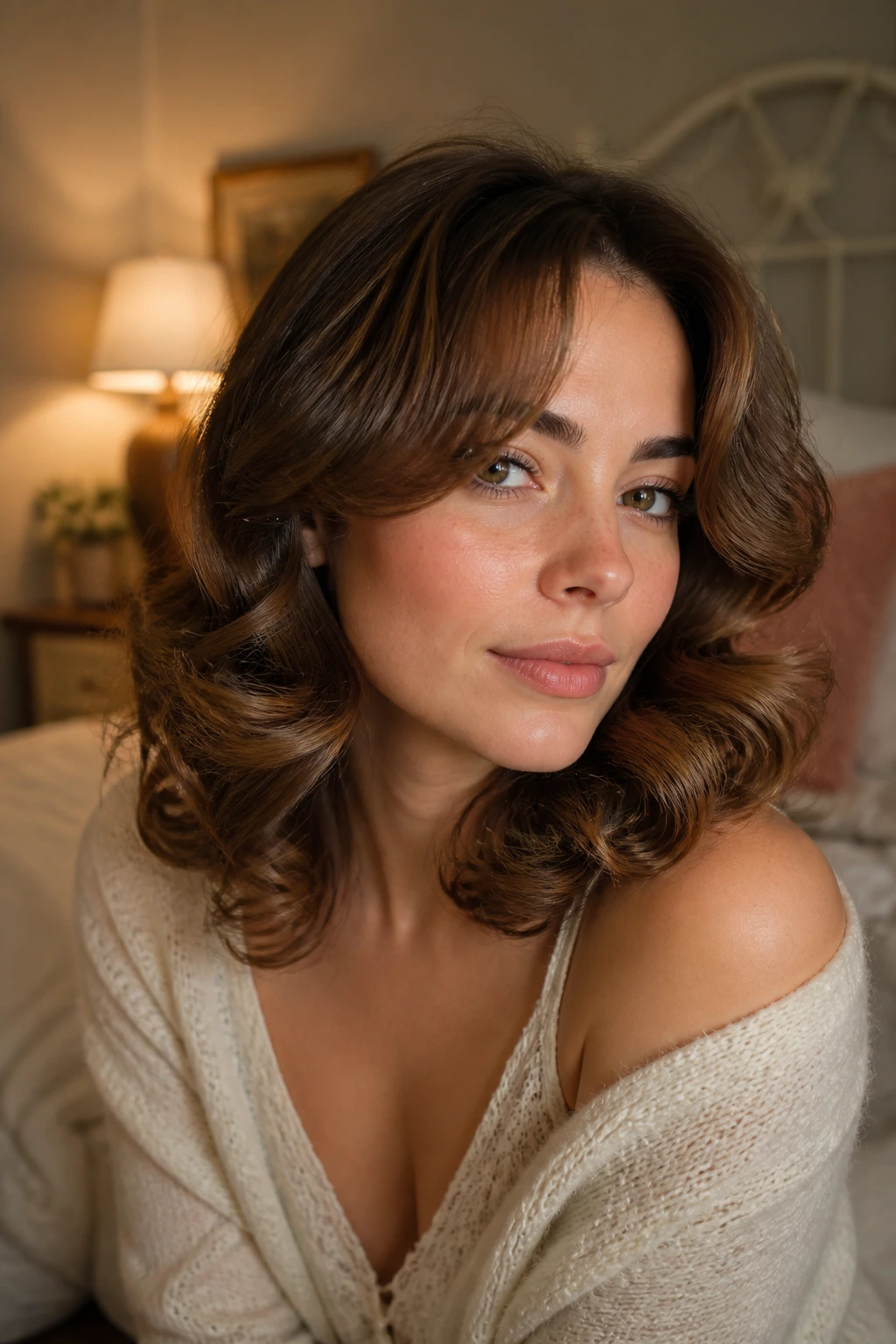 Close-up of a woman with barrel curls and curtain bangs