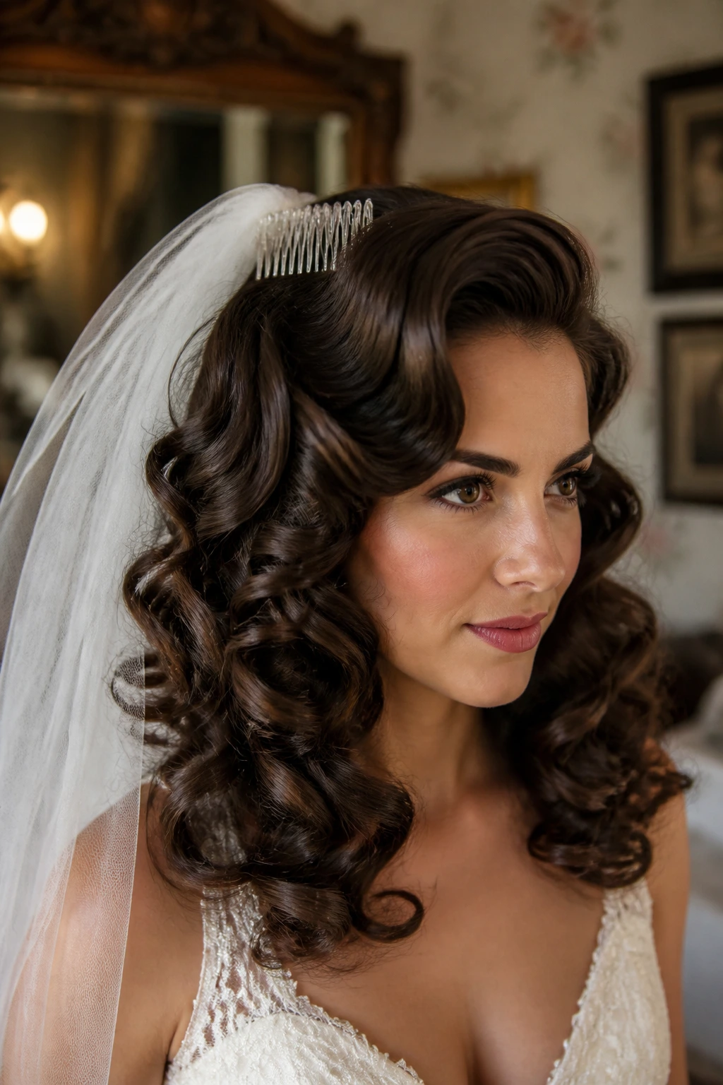 Bride with barrel curls and veil comb.
