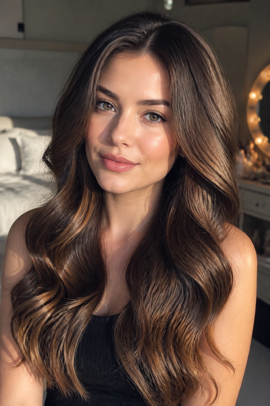 Close-up of a real woman with brushed-out barrel curls forming soft waves in warm natural light