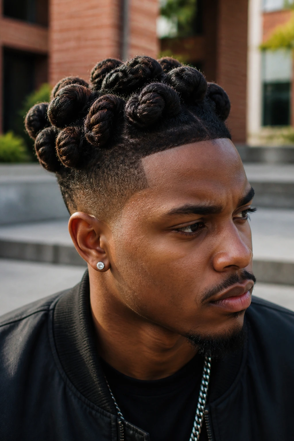 Close-up of a man with crown barrel locs on top of the head