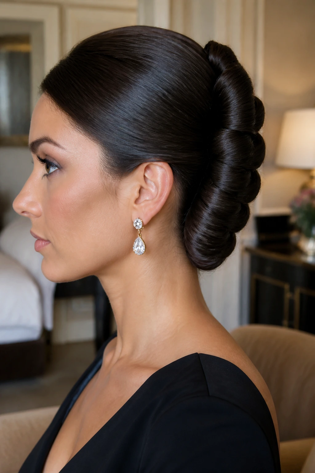 Side-profile of a real woman with a formal barrel roll updo