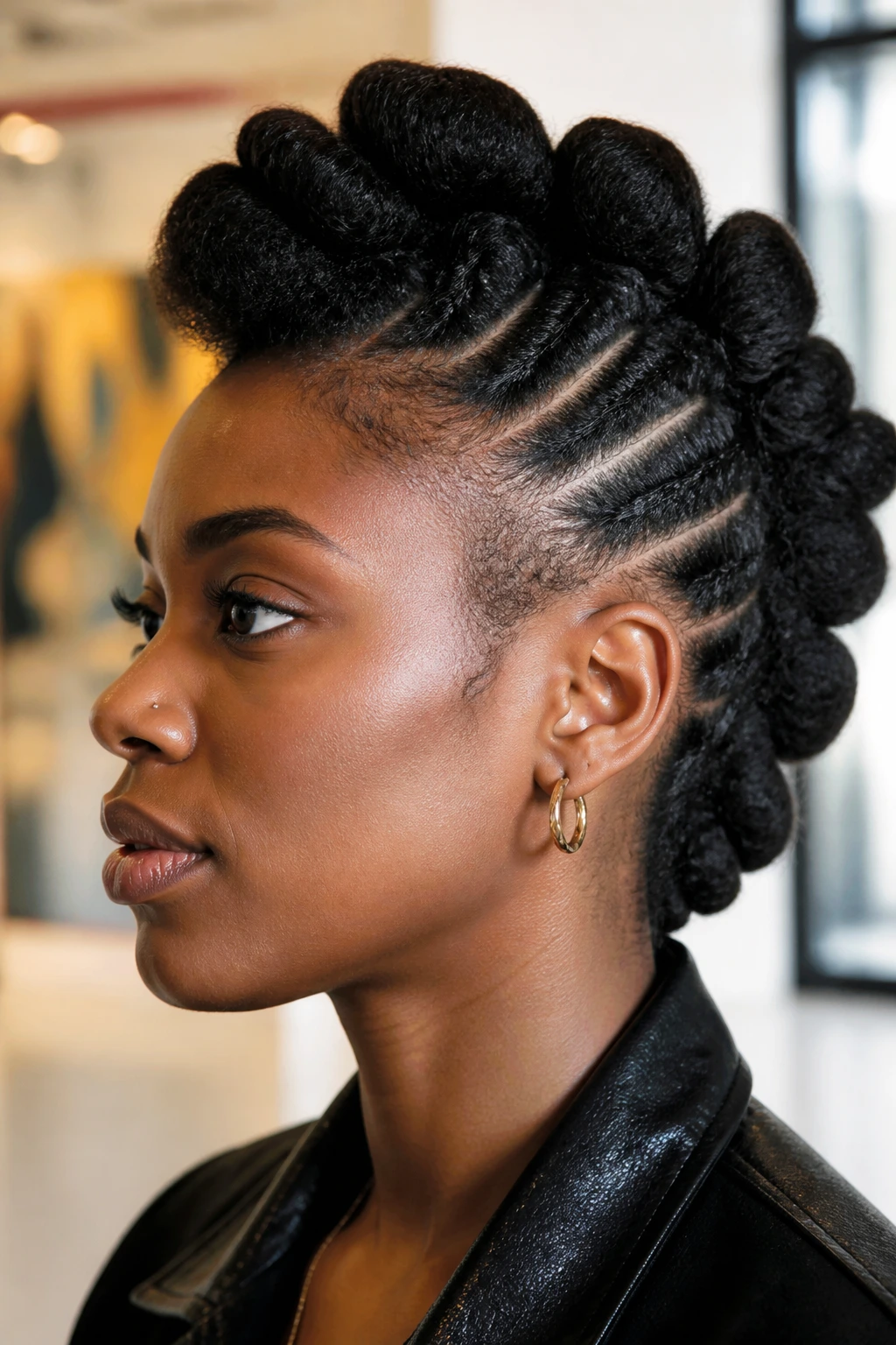 Close-up of barrel-rolled crown mohawk on real person
