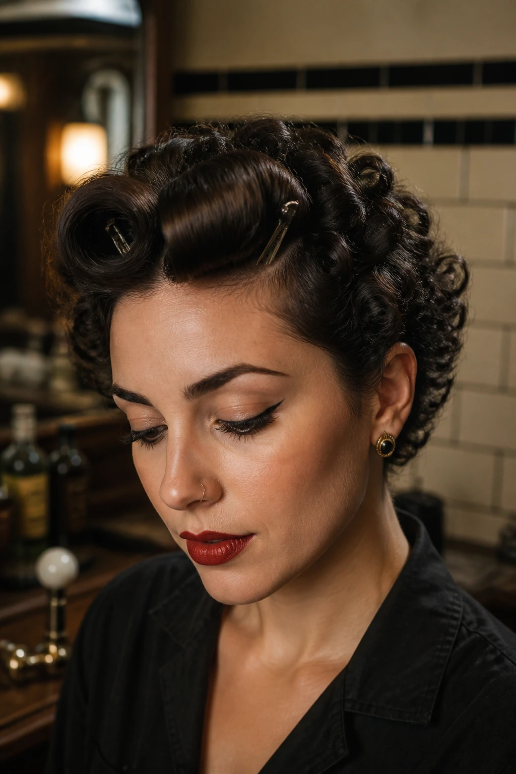 Close-up of barrel-rolled bangs on cropped short hair