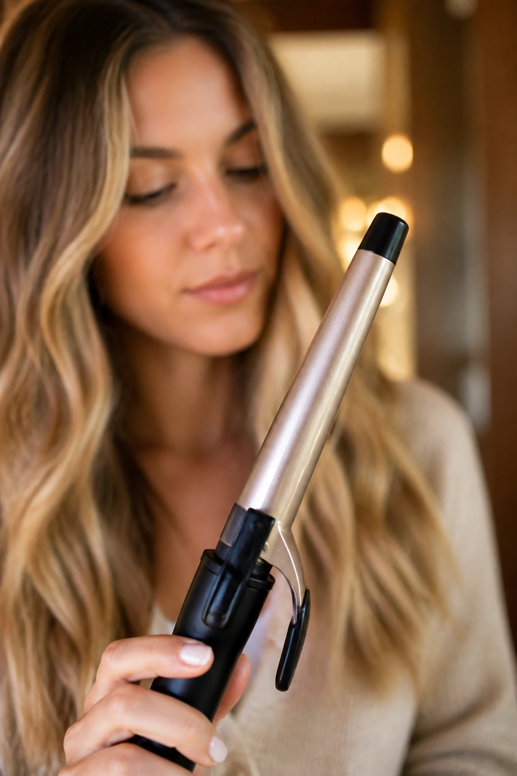 Close-up of curling wand with visible barrel size against blurred background