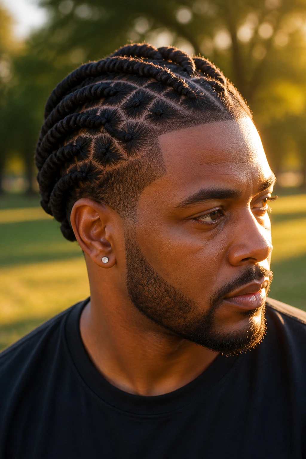 Portrait of a person with barrel twist locs in an outdoor park at golden hour.