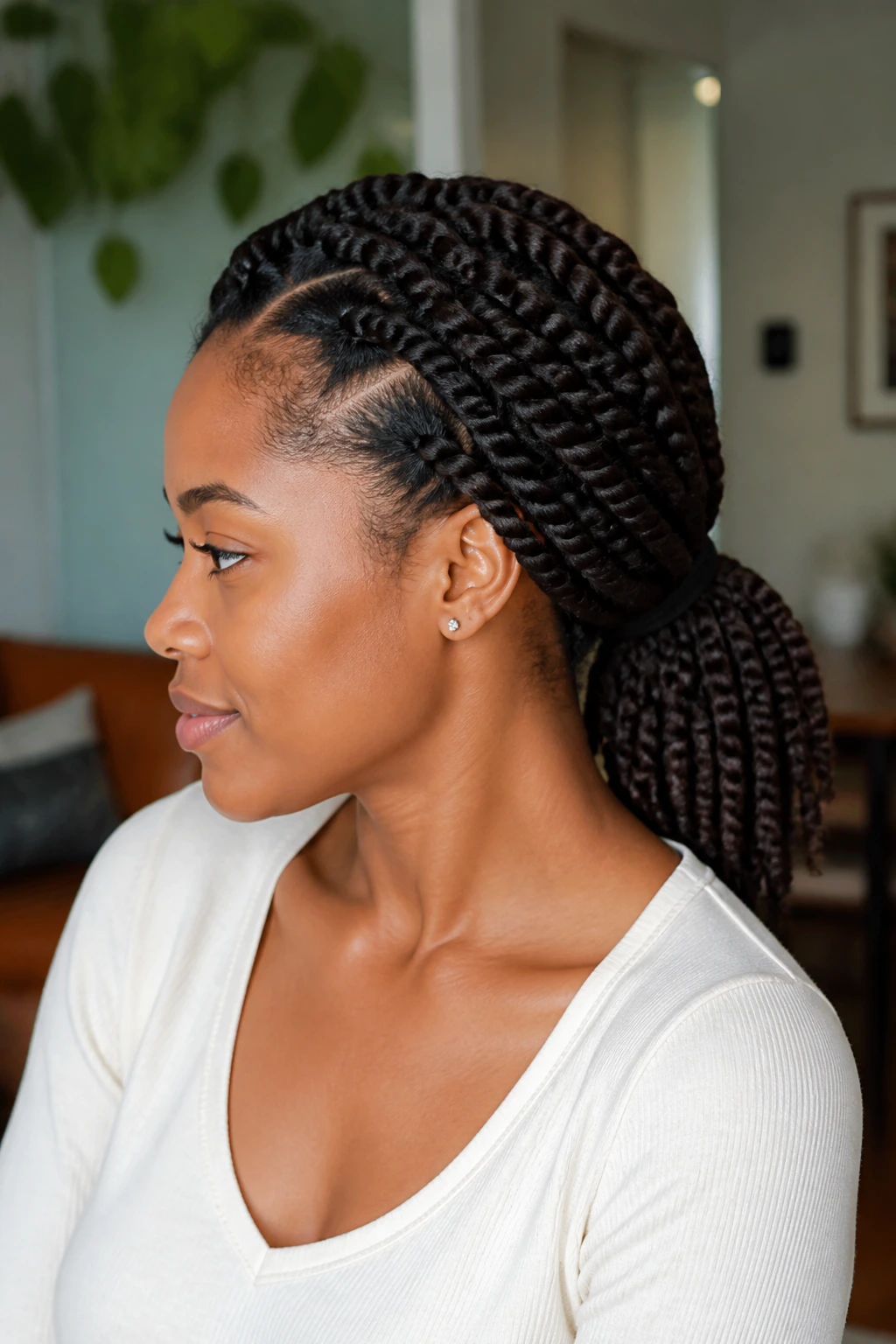 Woman with barrel twists gathered into a low ponytail