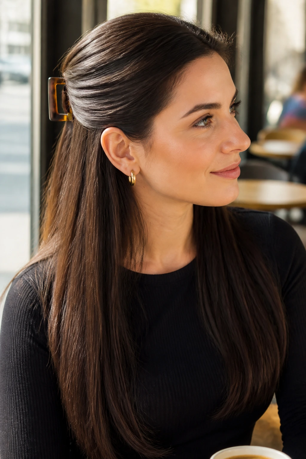 Close-up of a real woman’s head showing a half-up sweep secured with a barrette on thick hair.