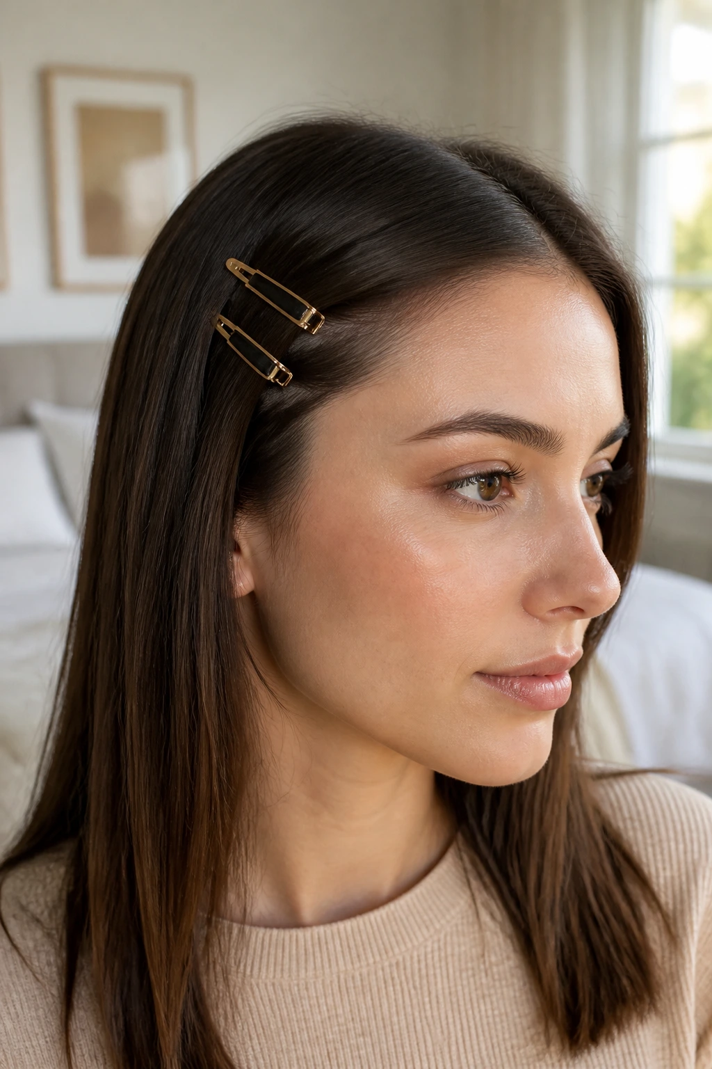 Close-up of a woman with a barrette ladder along the temple hairline.