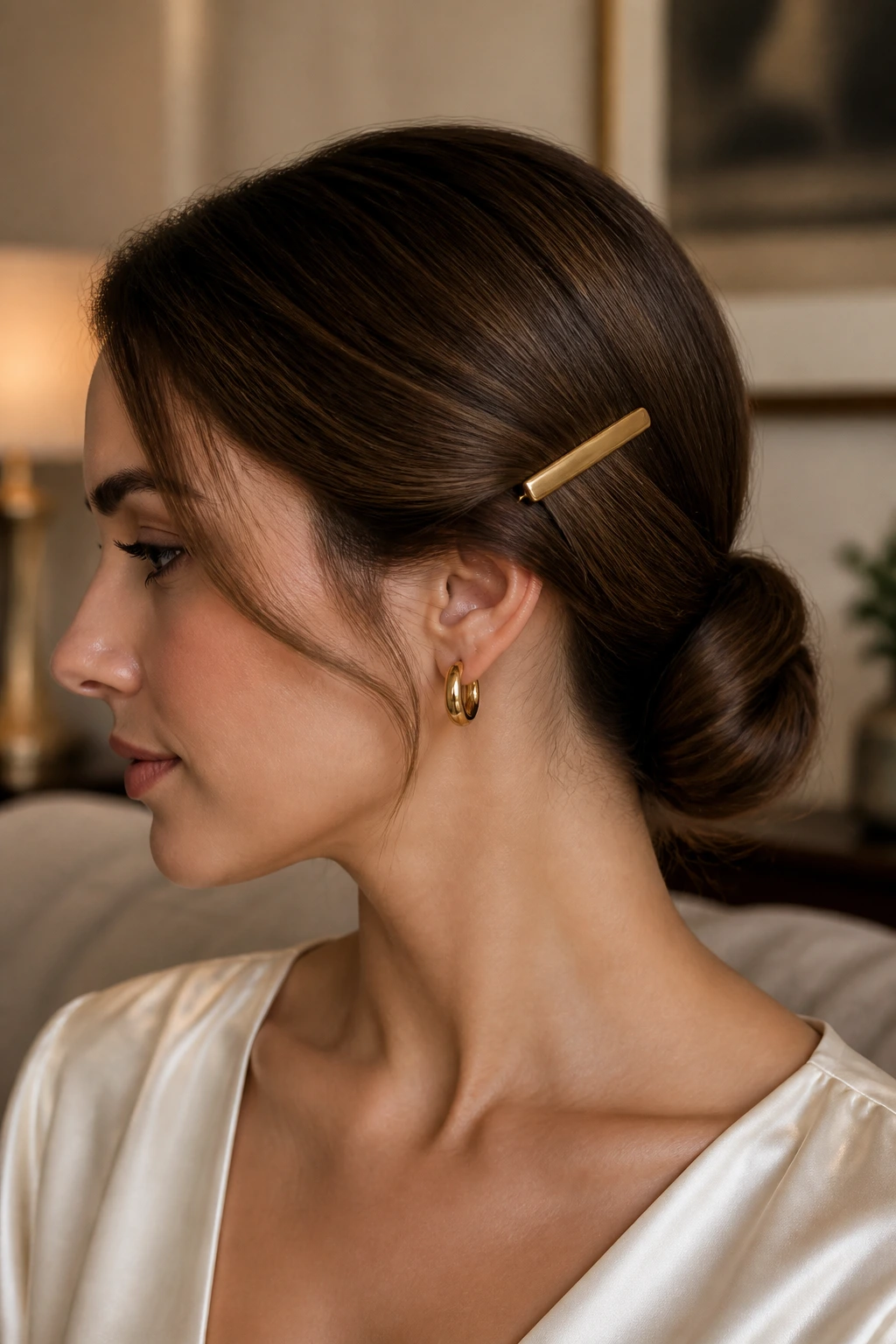 Portrait of a woman with a barrette-swept low bun at the nape