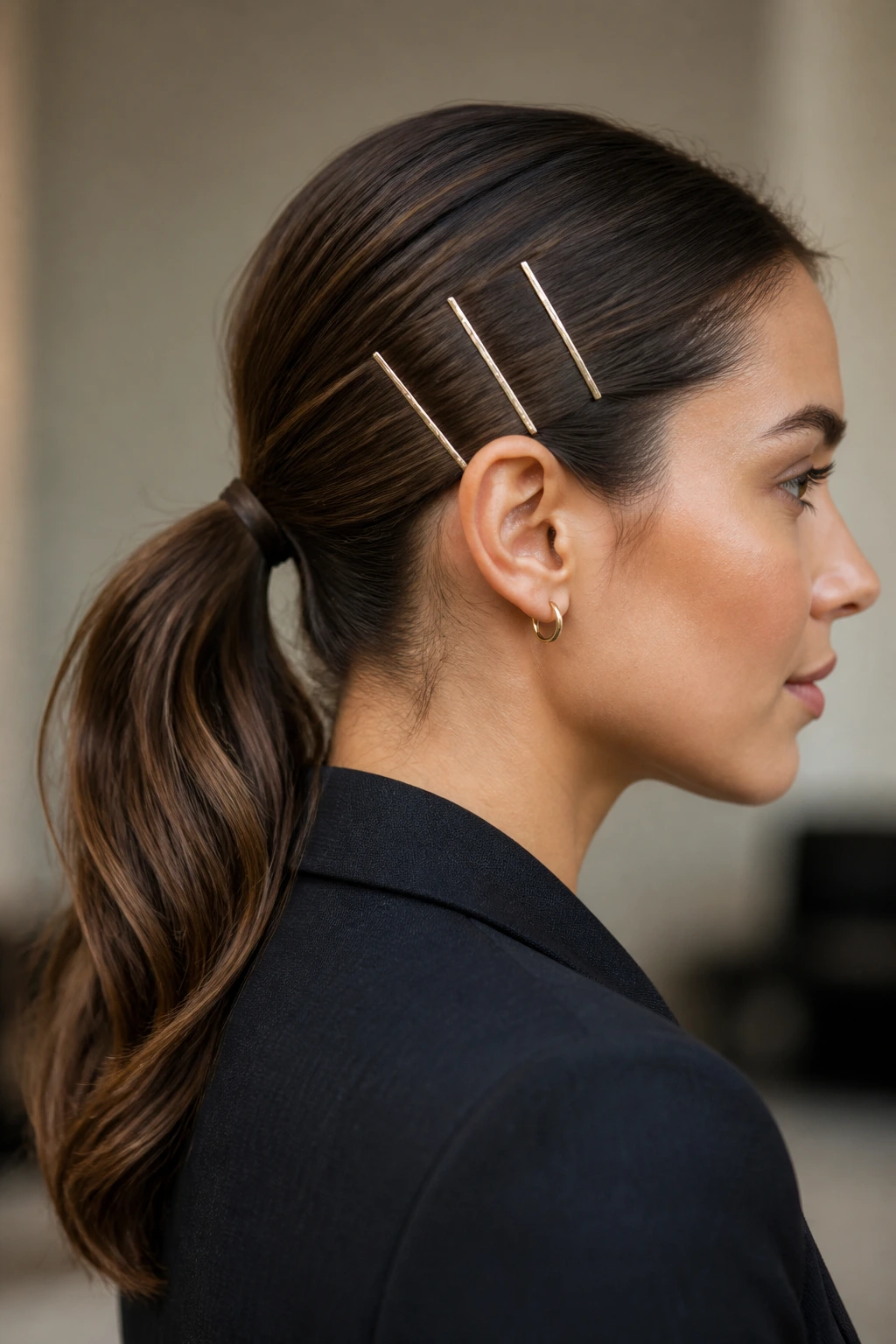 Real woman with a barrette-stacked ponytail under office lighting