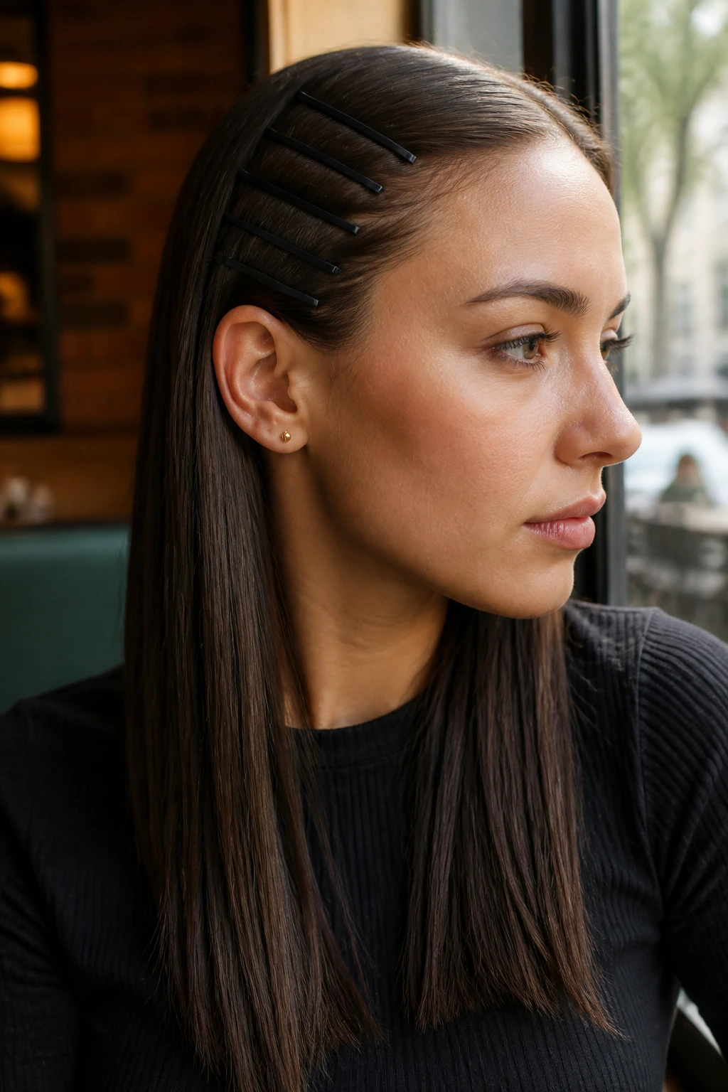 Portrait of a woman with straight hair and rows of barrettes along the side
