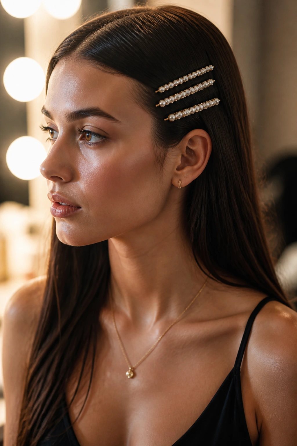 Portrait of a woman with barrettes stacked along one side of sleek straight hair