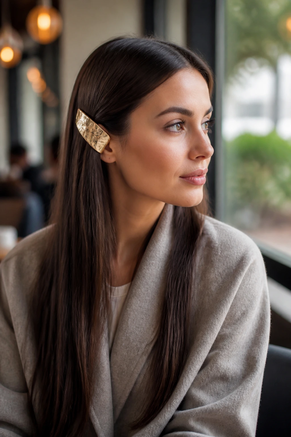 Close-up of a real woman with pin-straight hair and a large barrette