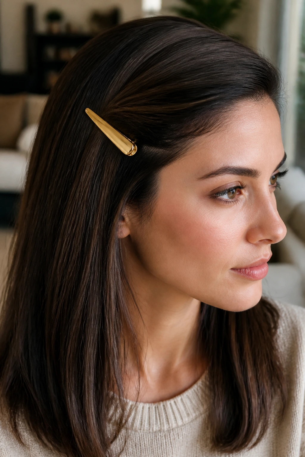 Close-up of a real woman with a metal barrette sweeping hair above the ear