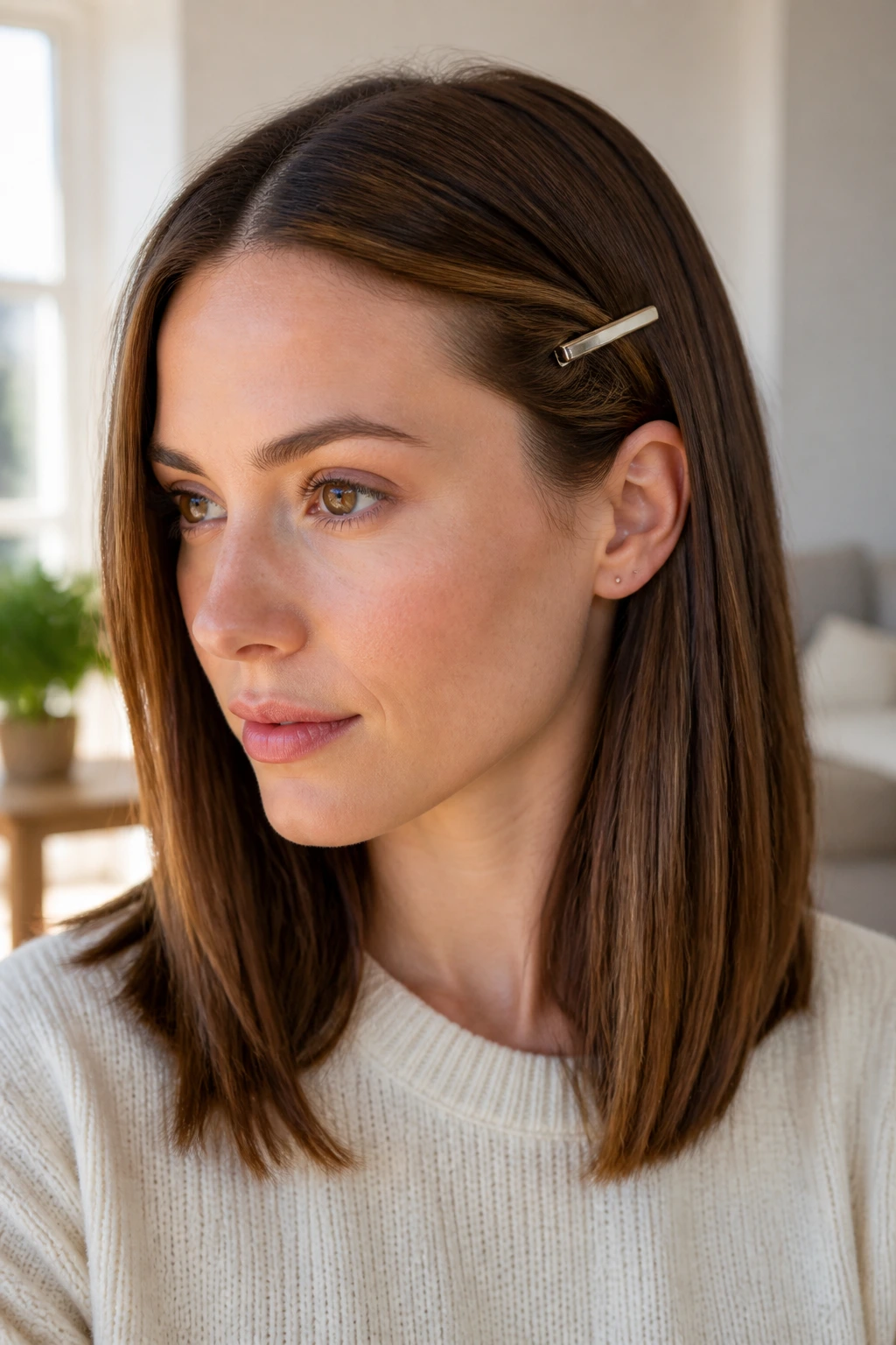 Real woman with a minimalist barrette sweep, one-sided hair swept and clipped, in a sunlit room.