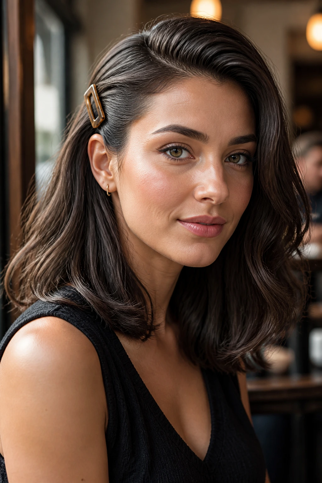 Portrait of a real woman with a one-side barrette sweep on thick shoulder-length hair
