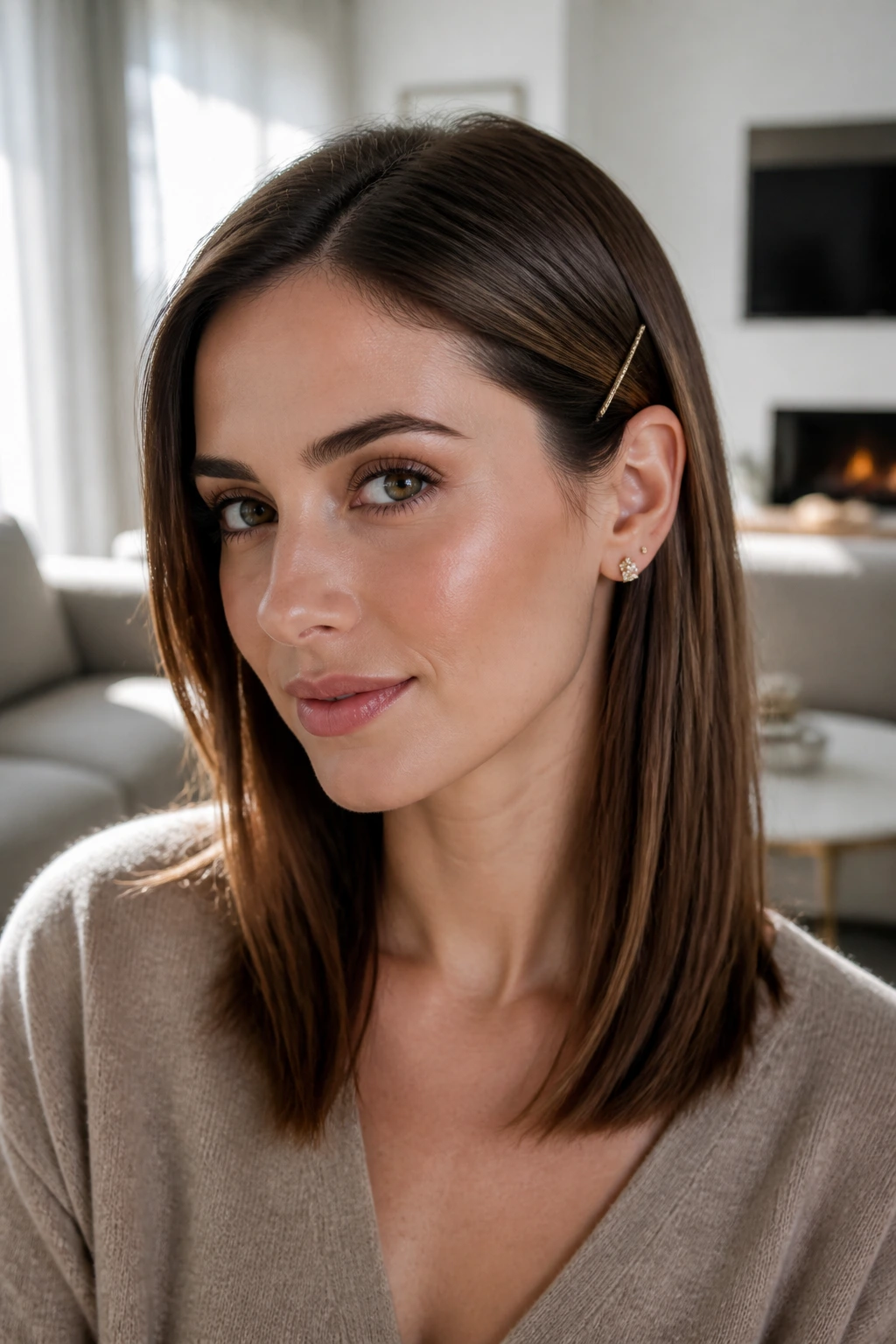 Close-up portrait of a real woman showing a barrette-and-tuck hairstyle with one side tucked