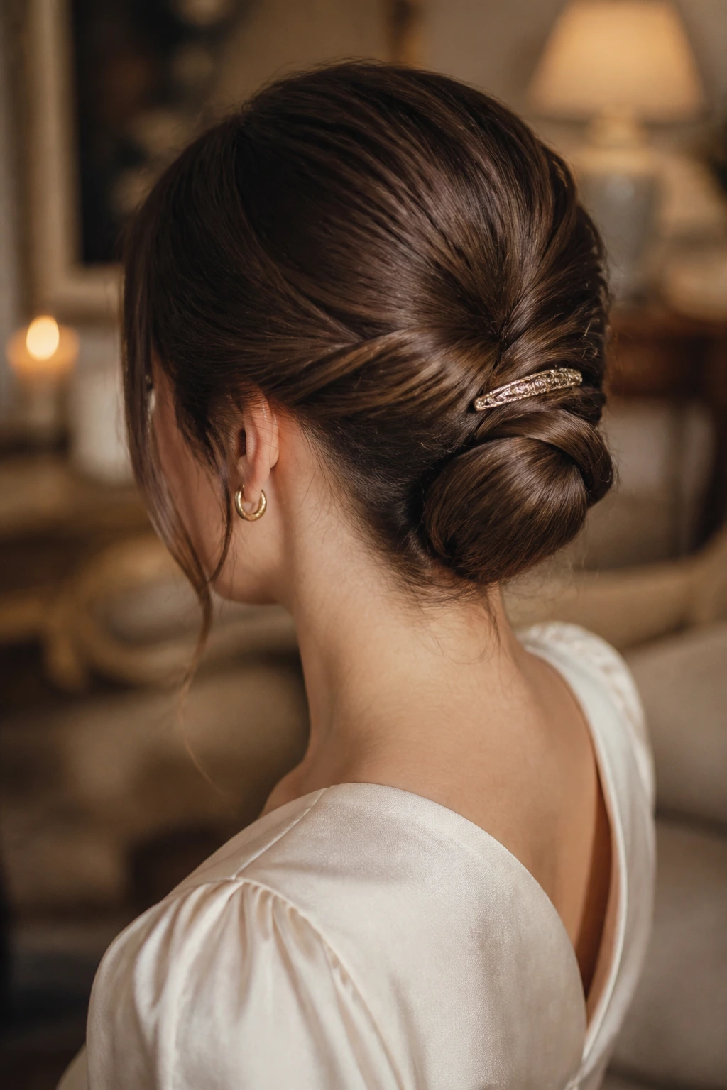 Back view of a woman wearing a Barretted Twist Chignon with a slim barrette.