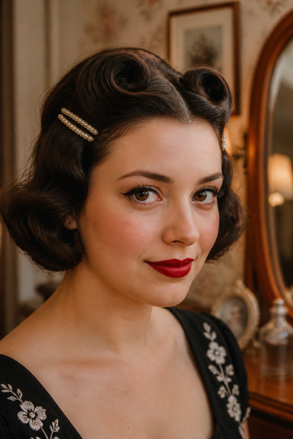 Close-up of a real woman with baby rolls and retro barrettes hairstyle