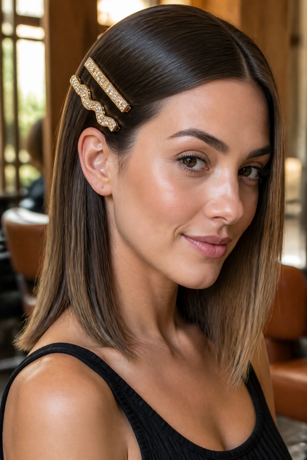 Close-up of a real woman wearing bold barrettes in straight hair