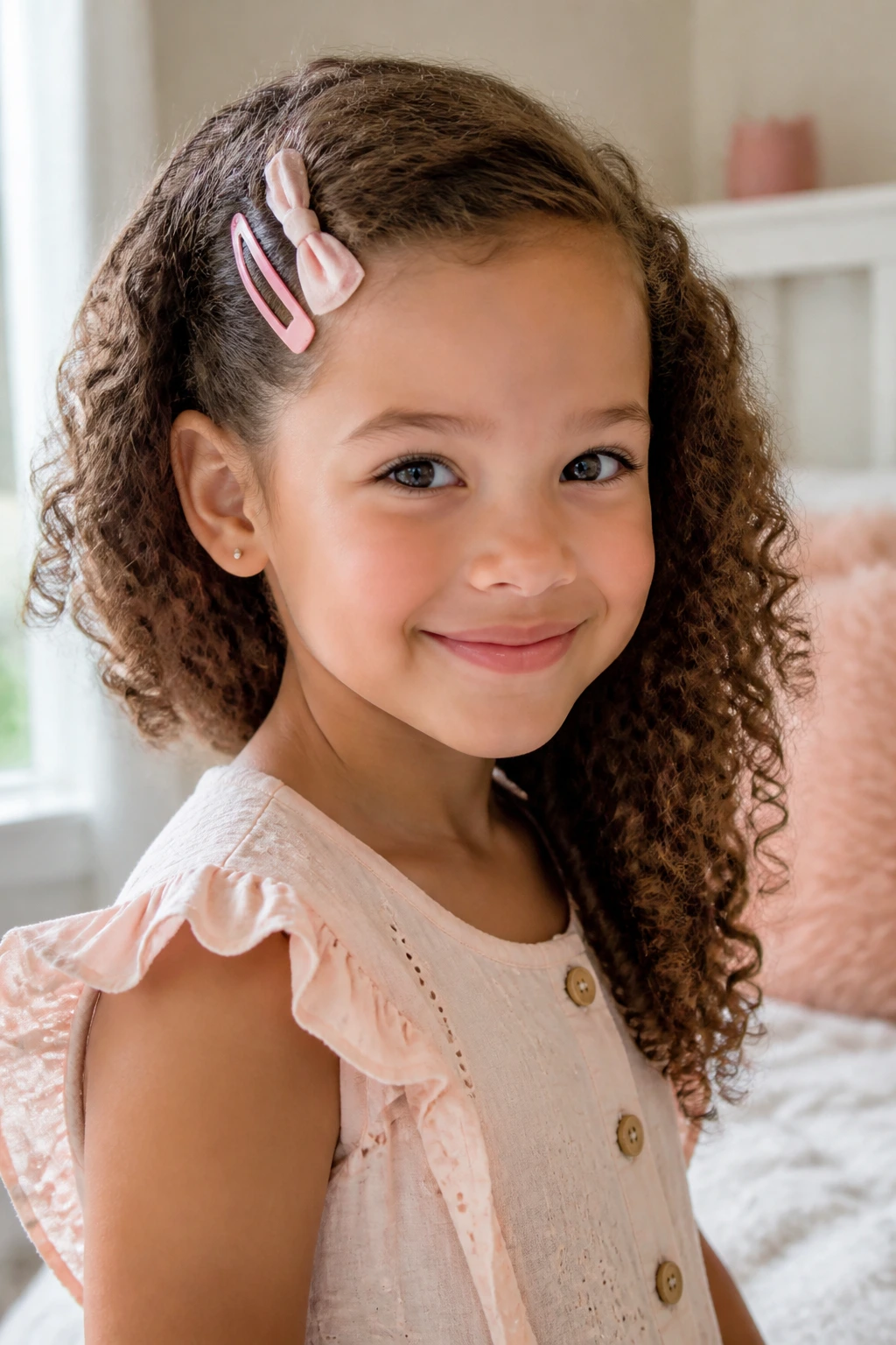 Close-up of a child with a side-swept curly hairstyle secured with barrettes and a bow