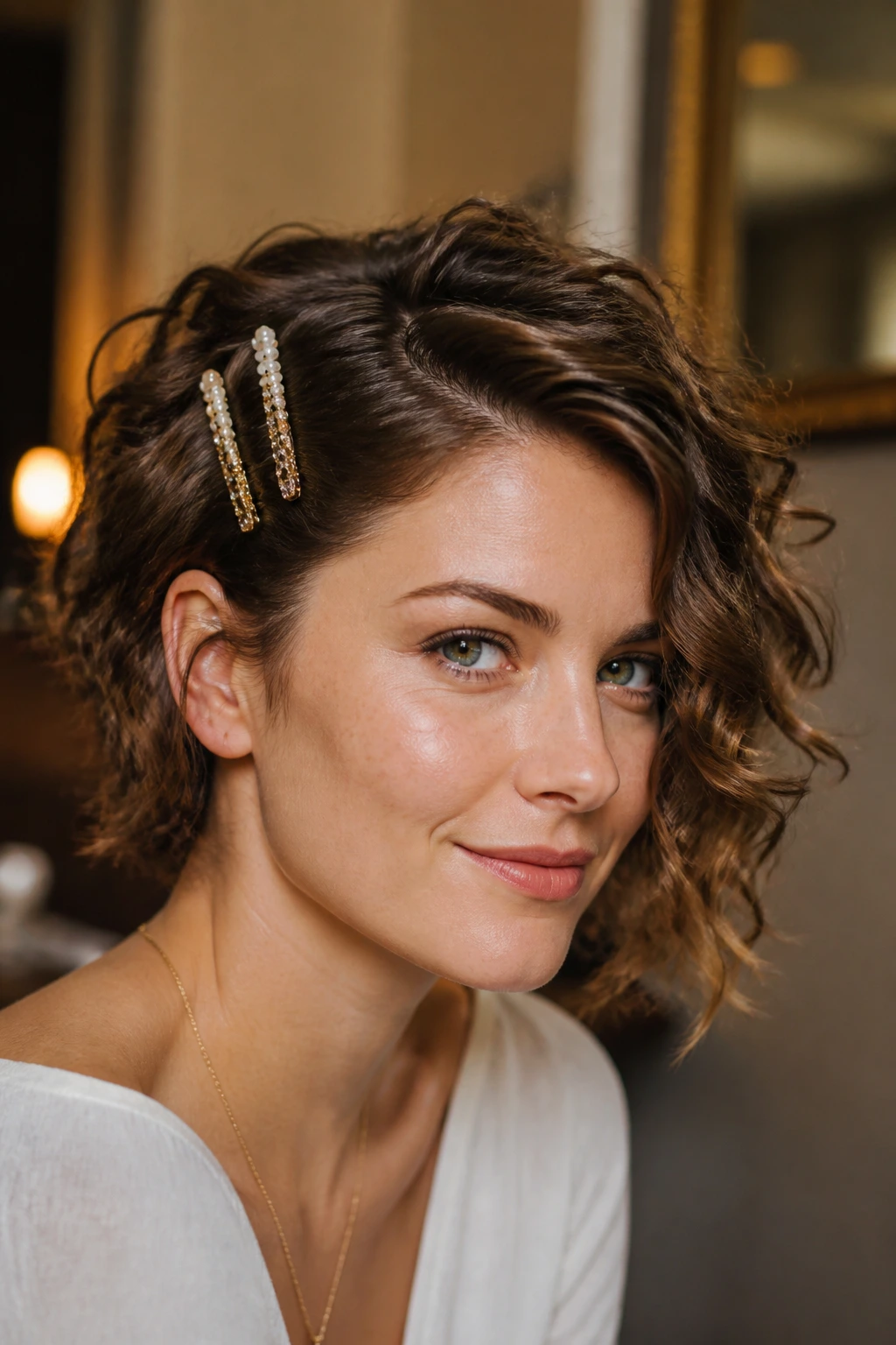 Close-up of a real person with side-swept short wavy hair secured by barrettes