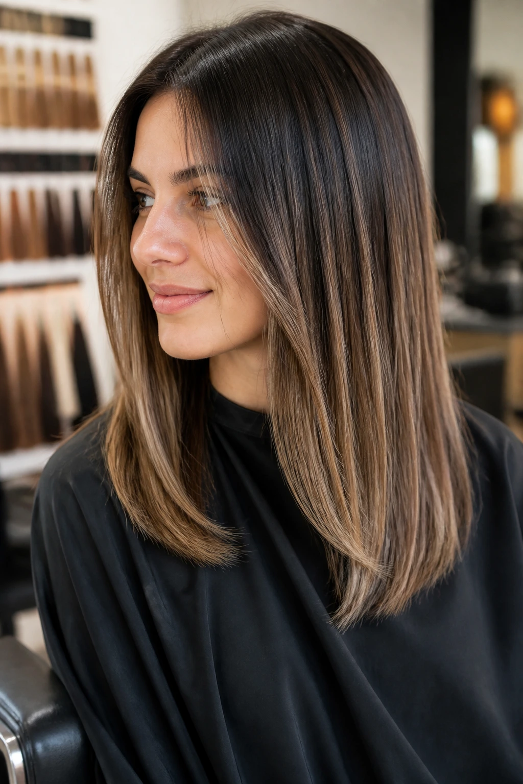 Close-up portrait of a real person in a salon chair showing base-color balayage ideas.
