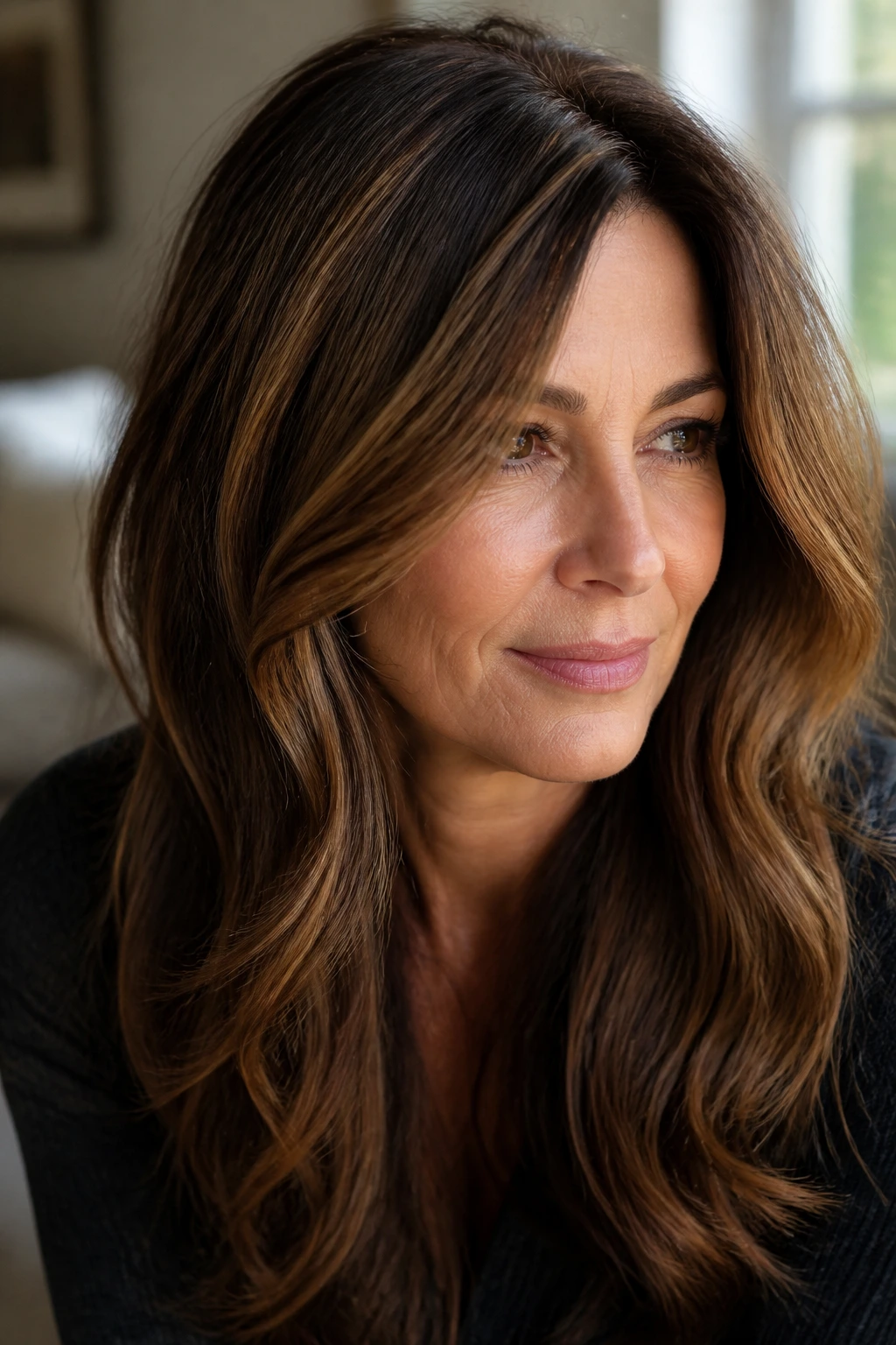 Brunette woman with warm base color caramel highlights
