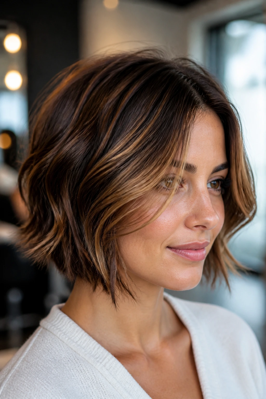Brunette short bob with caramel balayage ribbons.