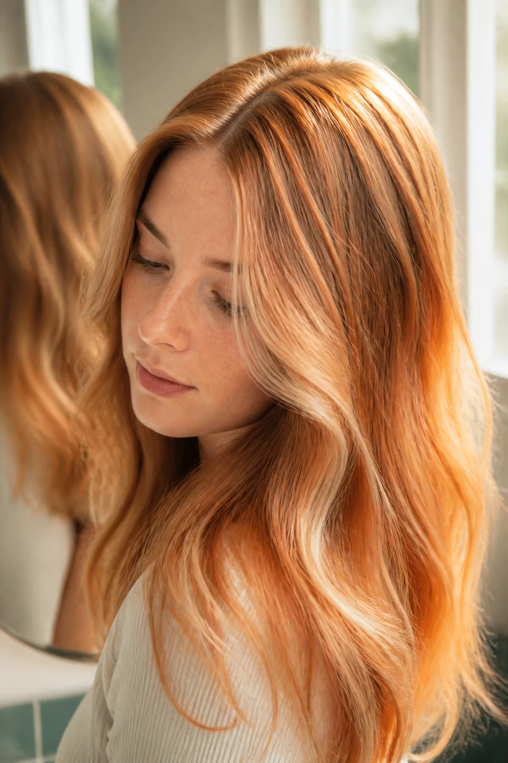 Hair showing strawberry blonde on pale and dark bases under natural light