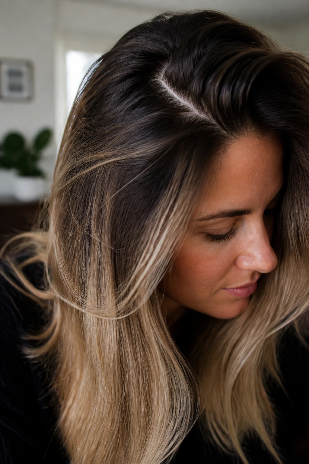 Close-up showing root depth and underlying pigment in blonde transformation